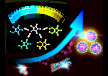 Array of test tubes with fluorescent liquids and illustration of chemical changes producing fluorescence