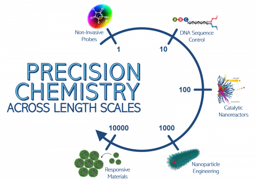 Illustration of a range of nanoparticles of different scales, showing the relative sizes of particles studied in the group