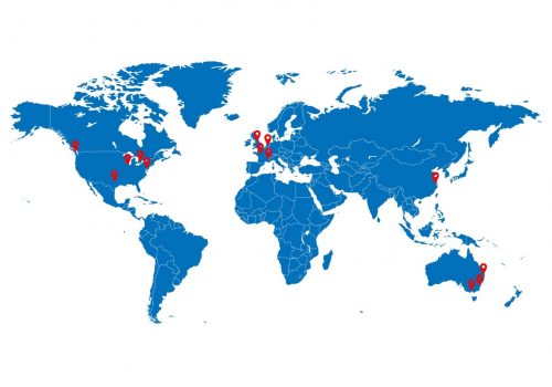 World map showing Group collaborator locations in North America, Europe, China and Australia